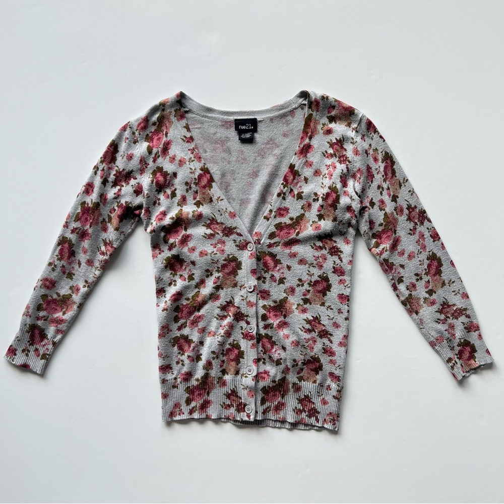 Rue21 Pink and Grey Floral Button Up Cardigan, Medium